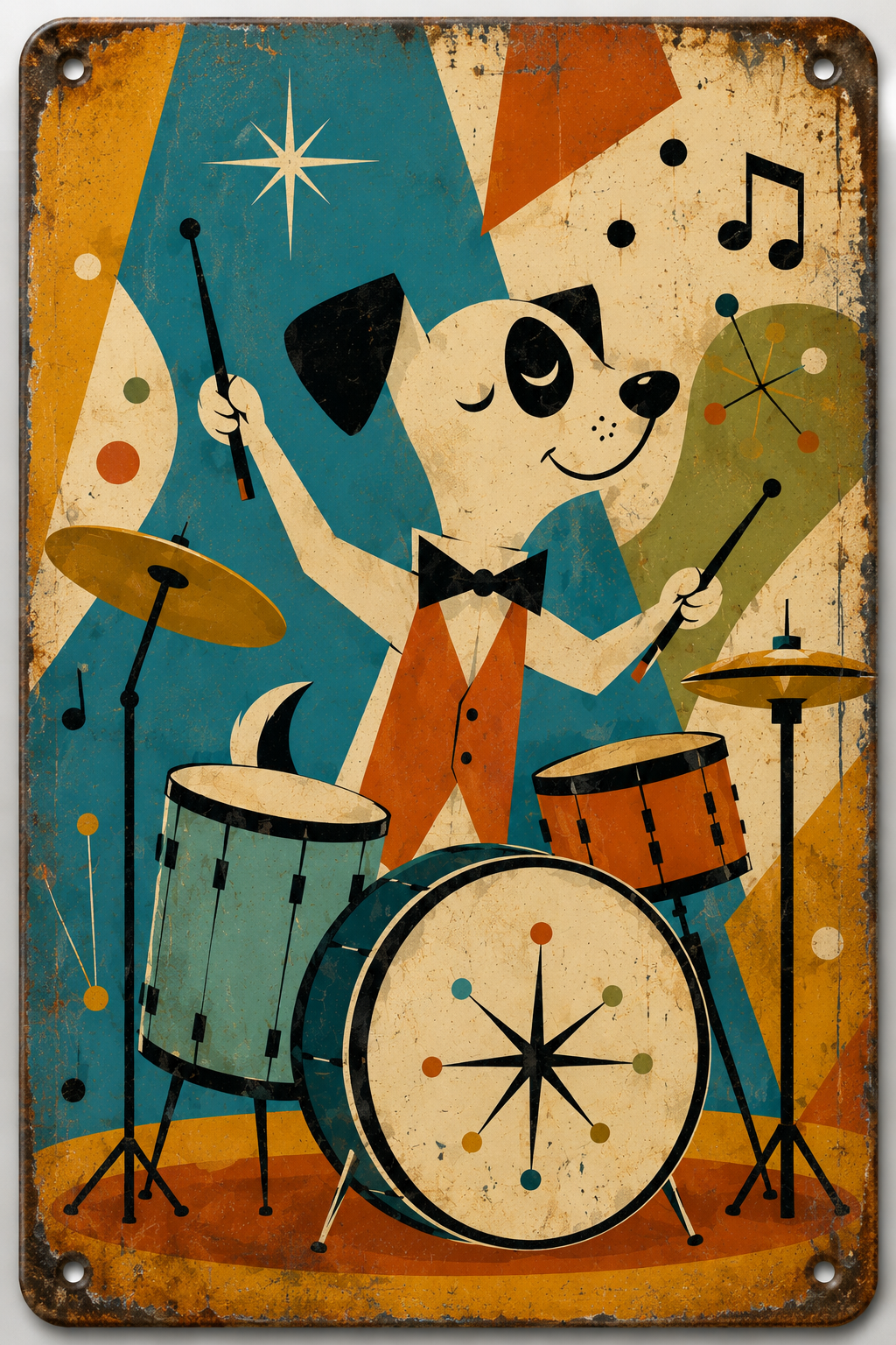 Retro Dog/Cat Drummer Metal Sign 20×30 cm – Vintage Music Wall Decor