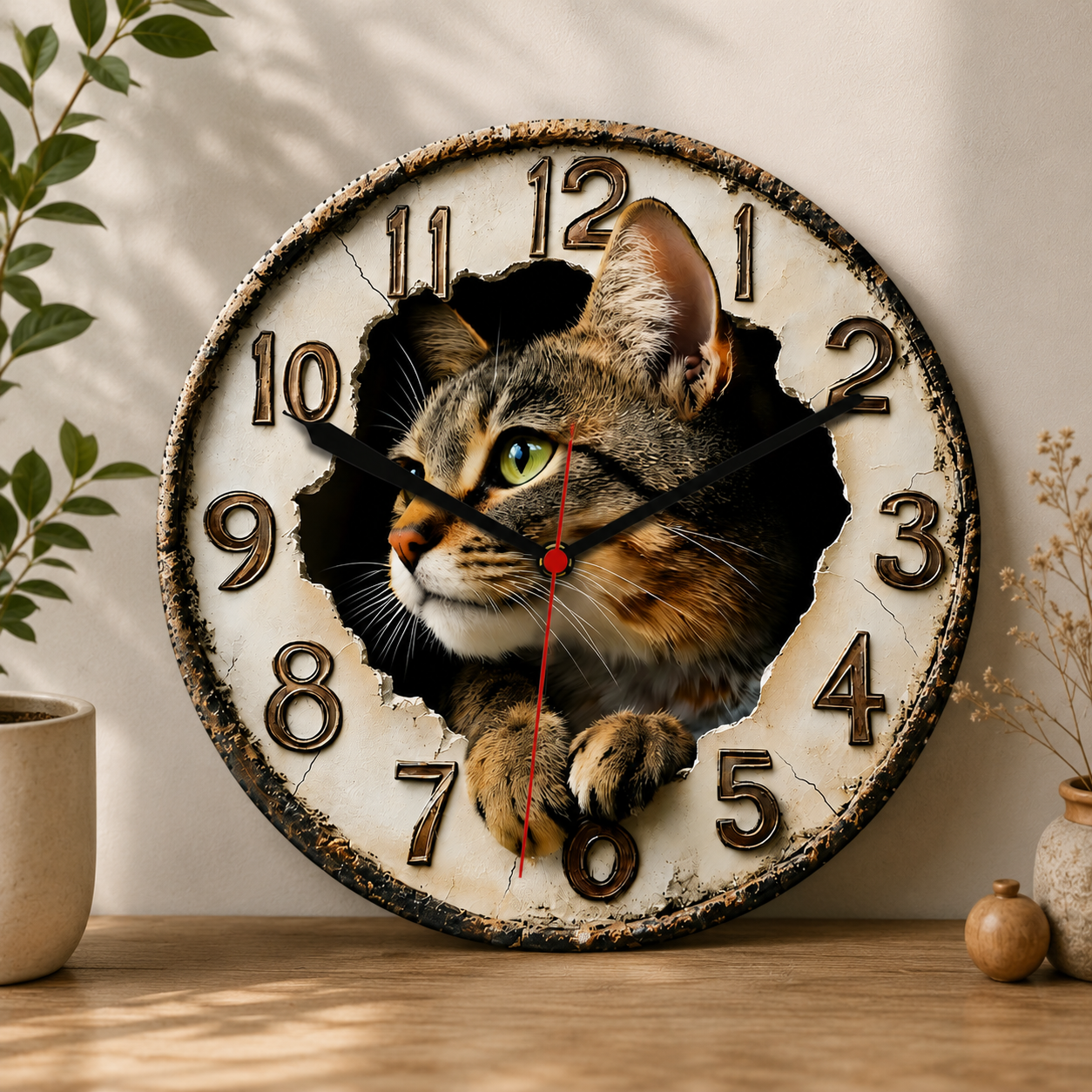 2D Wooden Cat Wall Clock