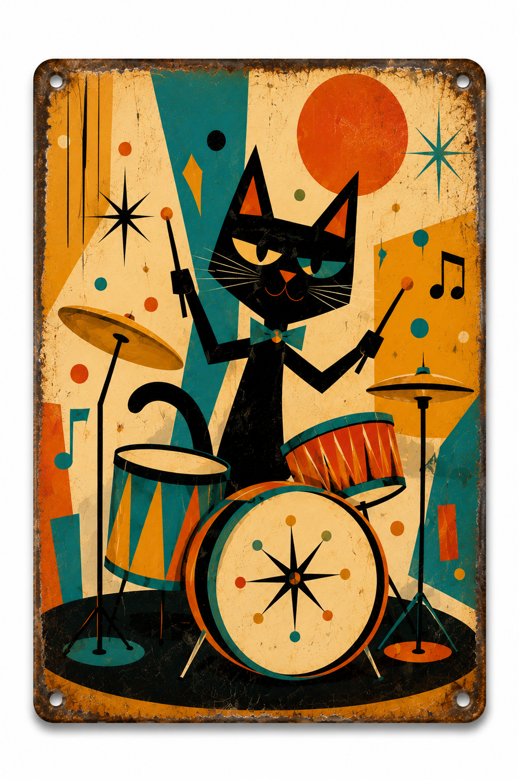 Retro Dog/Cat Drummer Metal Sign 20×30 cm – Vintage Music Wall Decor