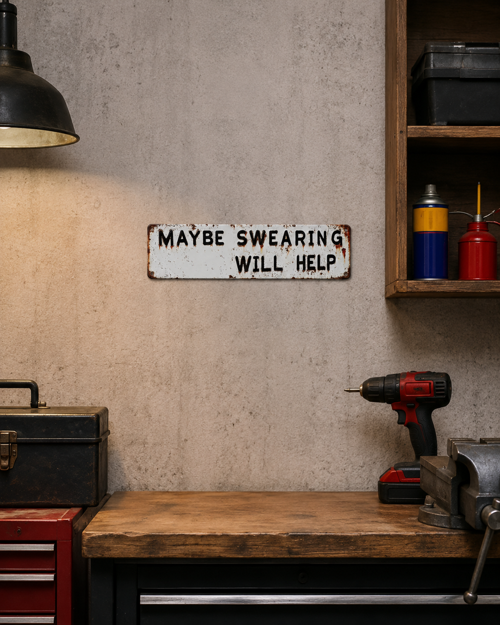 Funny Metal Sign 10×40 cm – “Maybe Swearing Will Help” Garage Wall Decor
