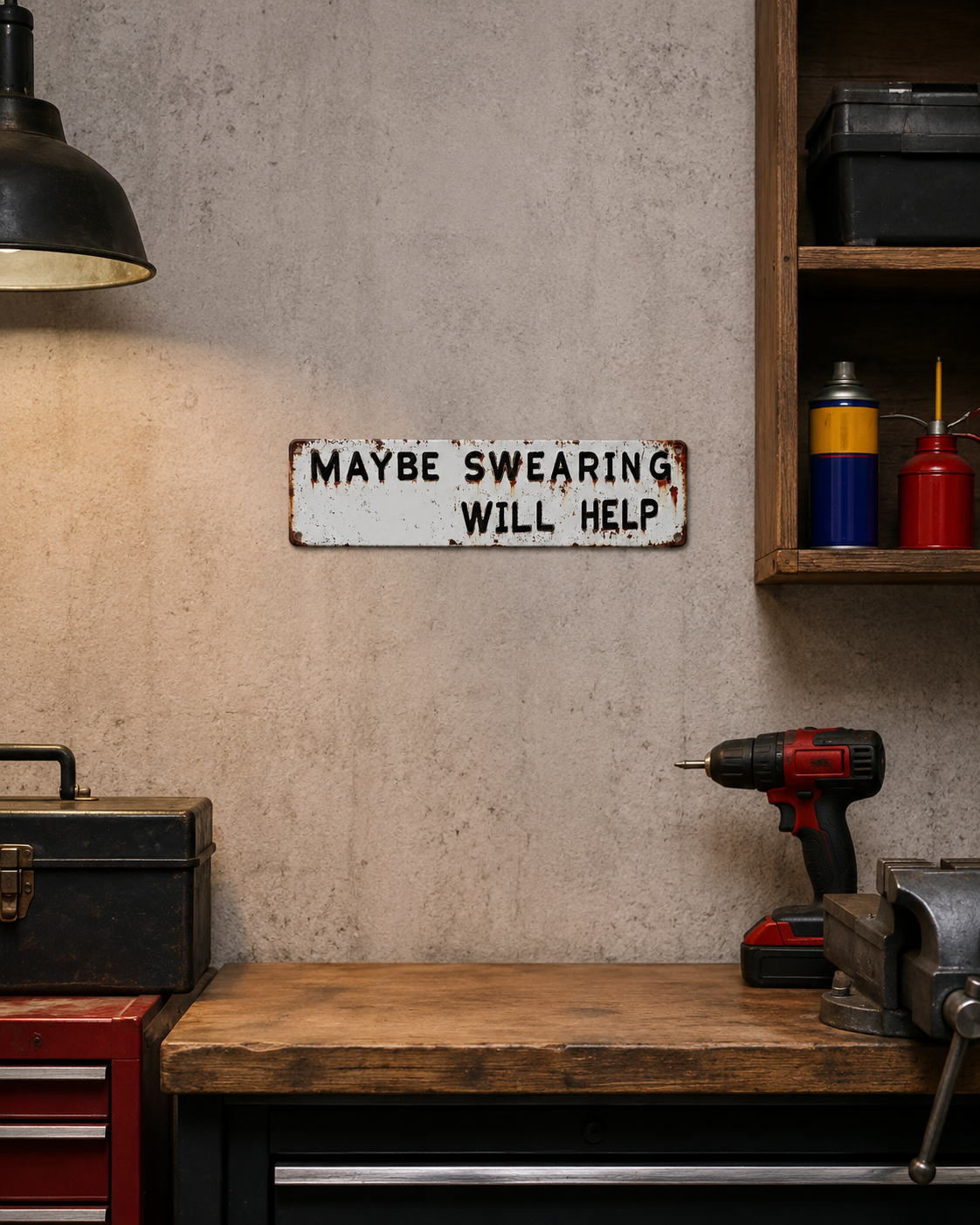 Funny Metal Sign 10×40 cm – “Maybe Swearing Will Help” Garage Wall Decor