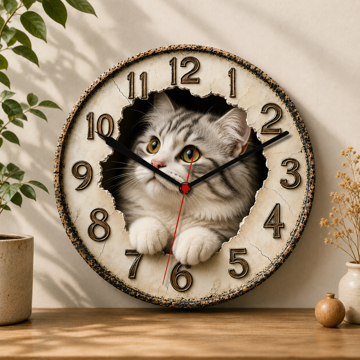 2D Wooden Cat Wall Clock