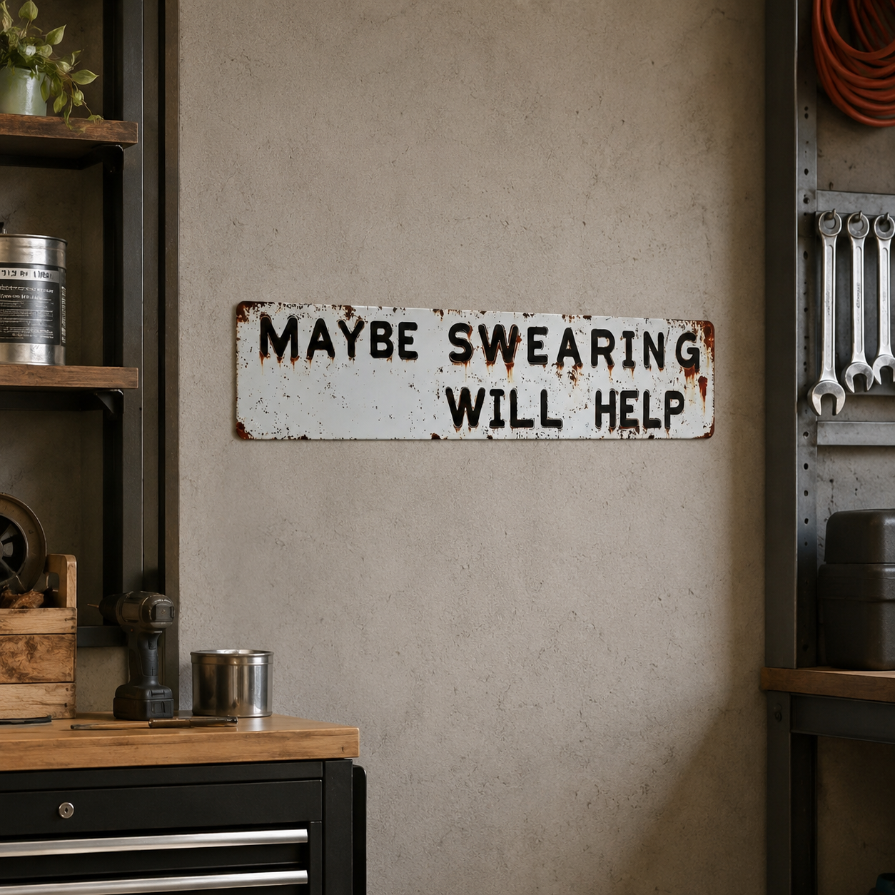 Funny Metal Sign 10×40 cm – “Maybe Swearing Will Help” Garage Wall Decor