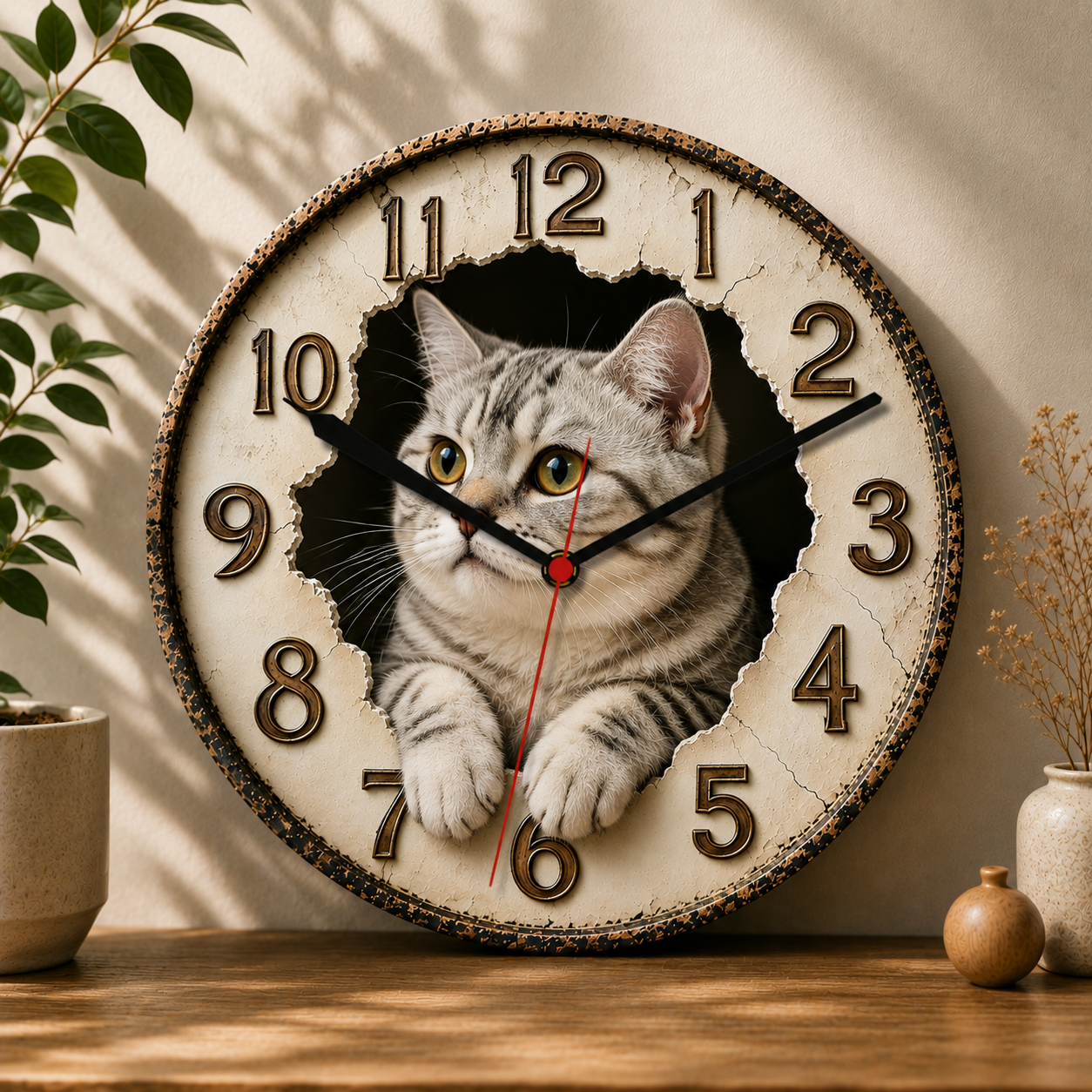 2D Wooden Cat Wall Clock