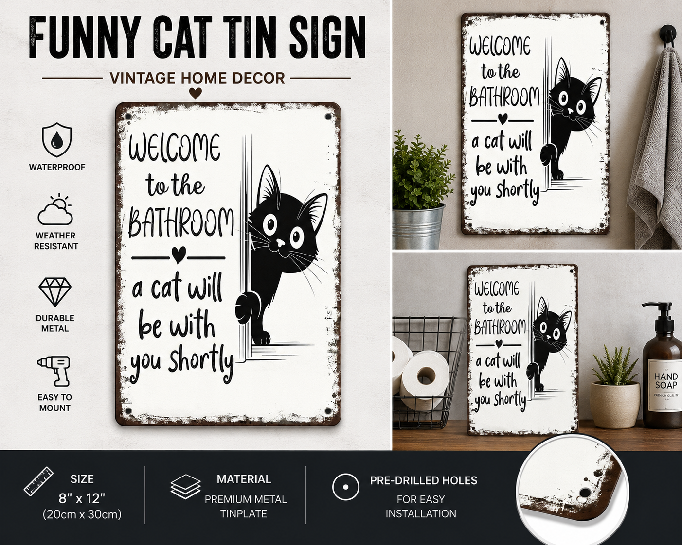 Funny Cat Bathroom Metal Sign 20×30 cm – Vintage Wall Decor for Bathroom, Door & Home