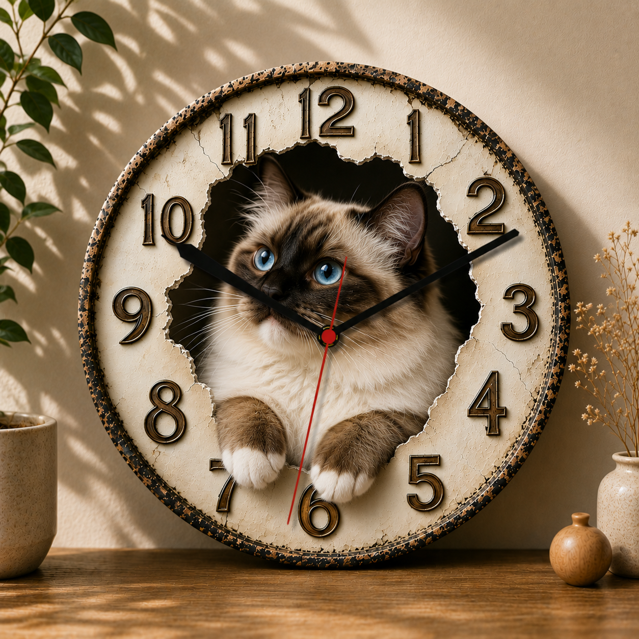 2D Wooden Cat Wall Clock