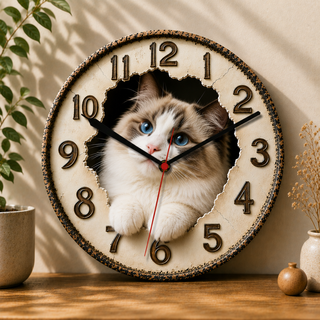 2D Wooden Cat Wall Clock