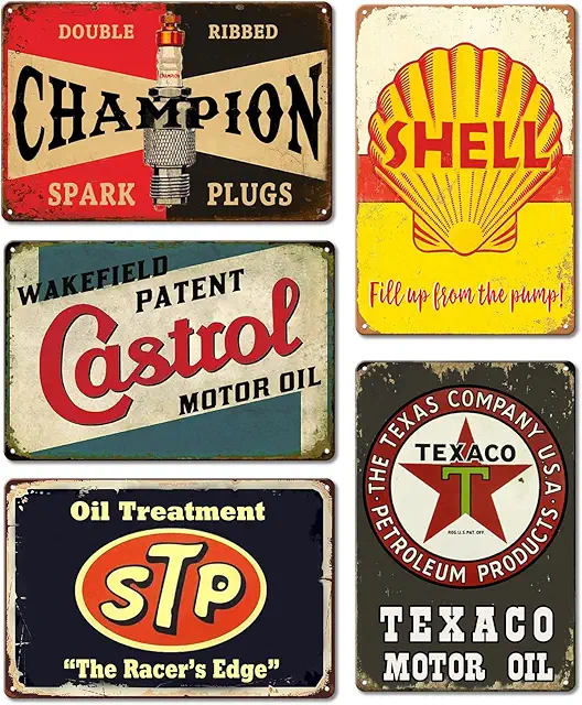 6-Piece Vintage Gas Station Metal Sign Set – Retro Garage Wall Decor