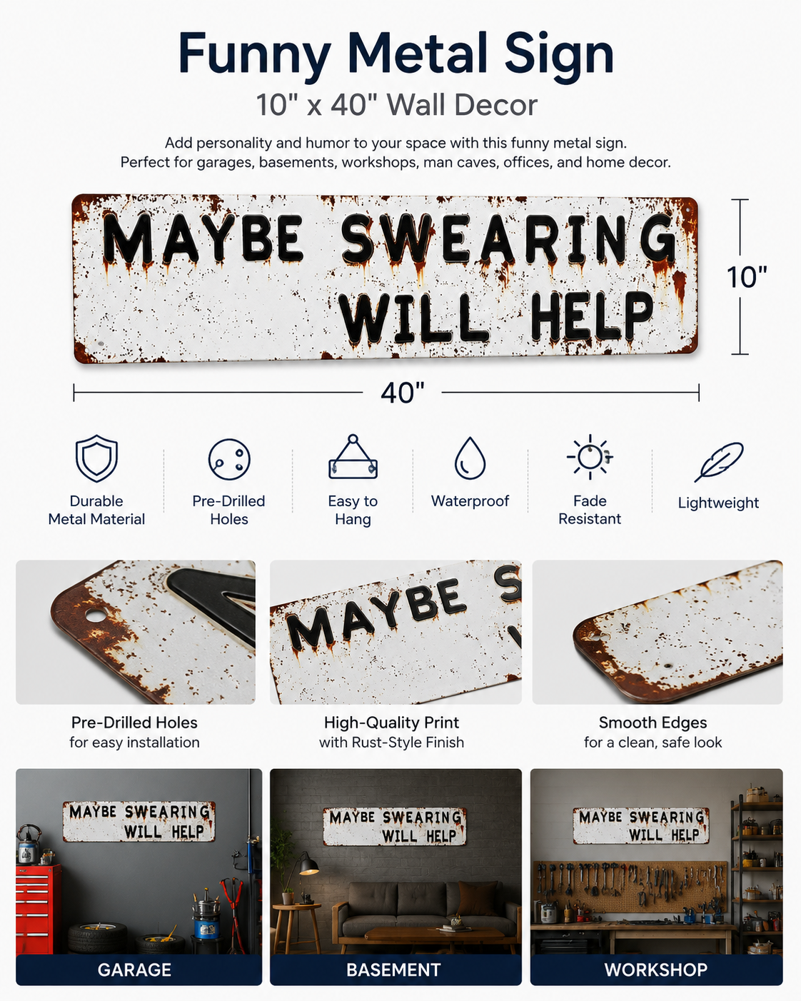 Funny Metal Sign 10×40 cm – “Maybe Swearing Will Help” Garage Wall Decor