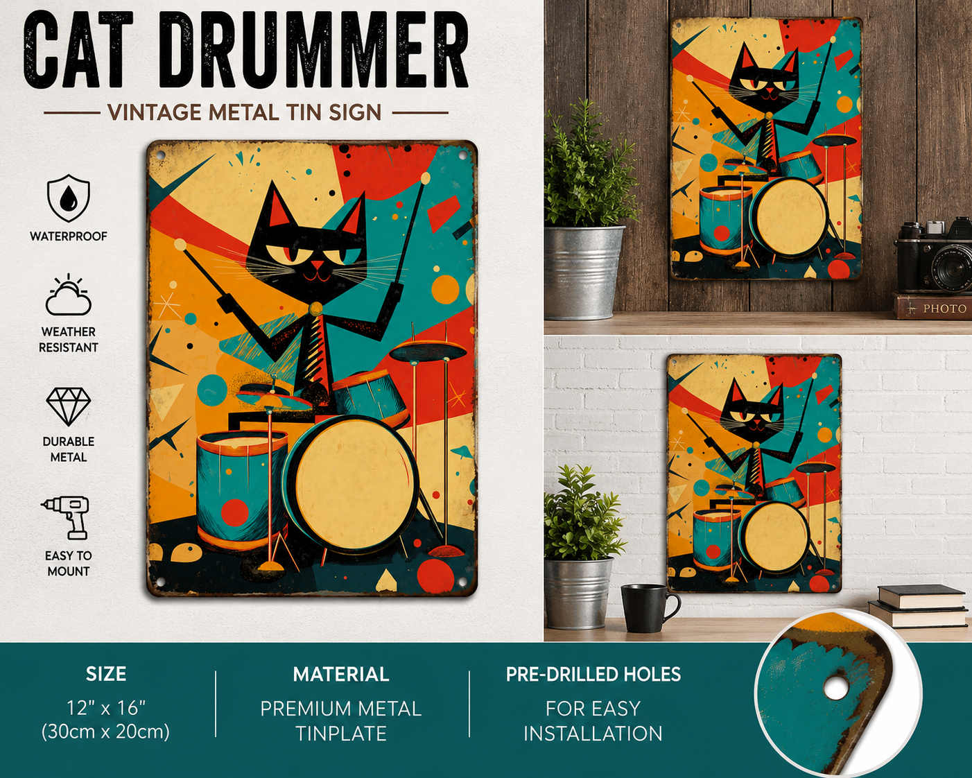 Retro Dog/Cat Drummer Metal Sign 20×30 cm – Vintage Music Wall Decor