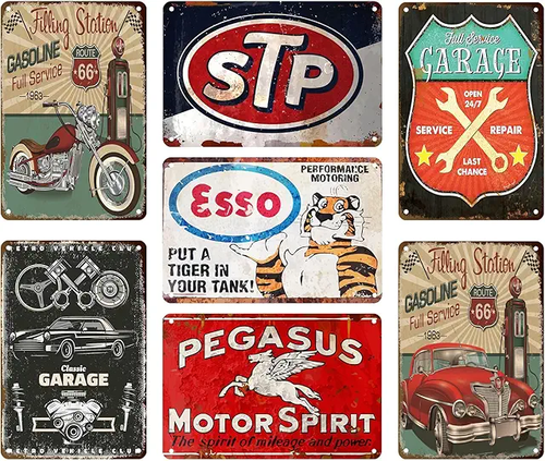 6-Piece Vintage Gas Station Metal Sign Set – Retro Garage Wall Decor