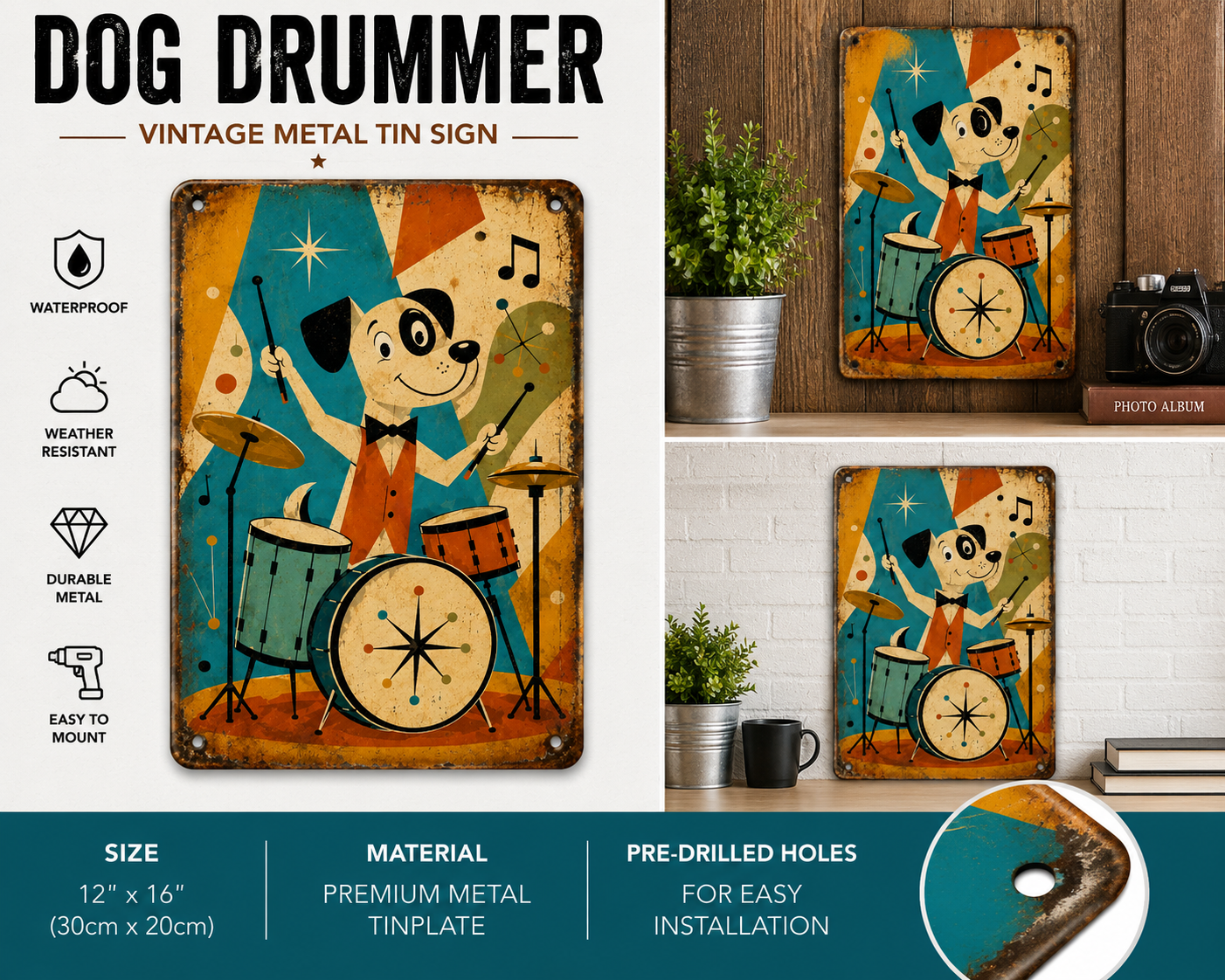 Retro Dog/Cat Drummer Metal Sign 20×30 cm – Vintage Music Wall Decor