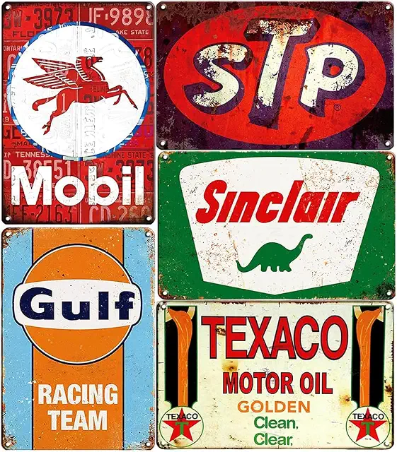 6-Piece Vintage Gas Station Metal Sign Set – Retro Garage Wall Decor
