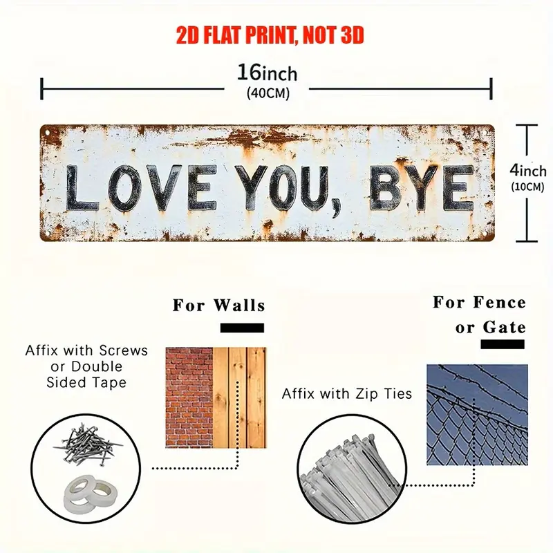 Love You Bye Metal Wall Sign, 10x40 Aluminum Vintage Wall Decor for Home Bar Garage