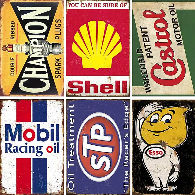 6-Piece Vintage Gas Station Metal Sign Set – Retro Garage Wall Decor