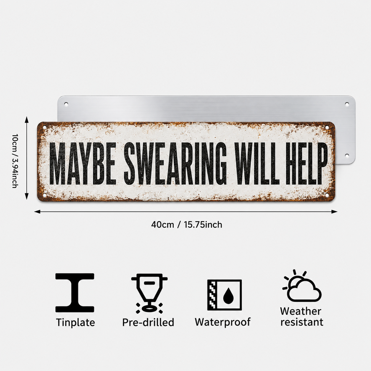 Funny Metal Sign 10×40 cm – “Maybe Swearing Will Help” Garage Wall Decor