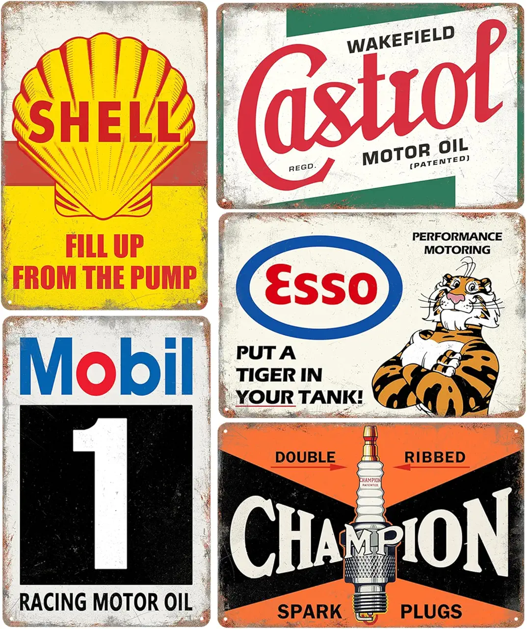 6-Piece Vintage Gas Station Metal Sign Set – Retro Garage Wall Decor