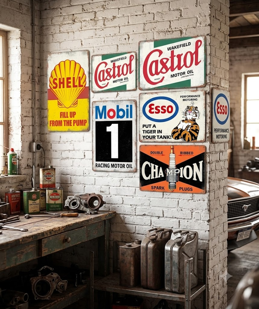 6-Piece Vintage Gas Station Metal Sign Set – Retro Garage Wall Decor