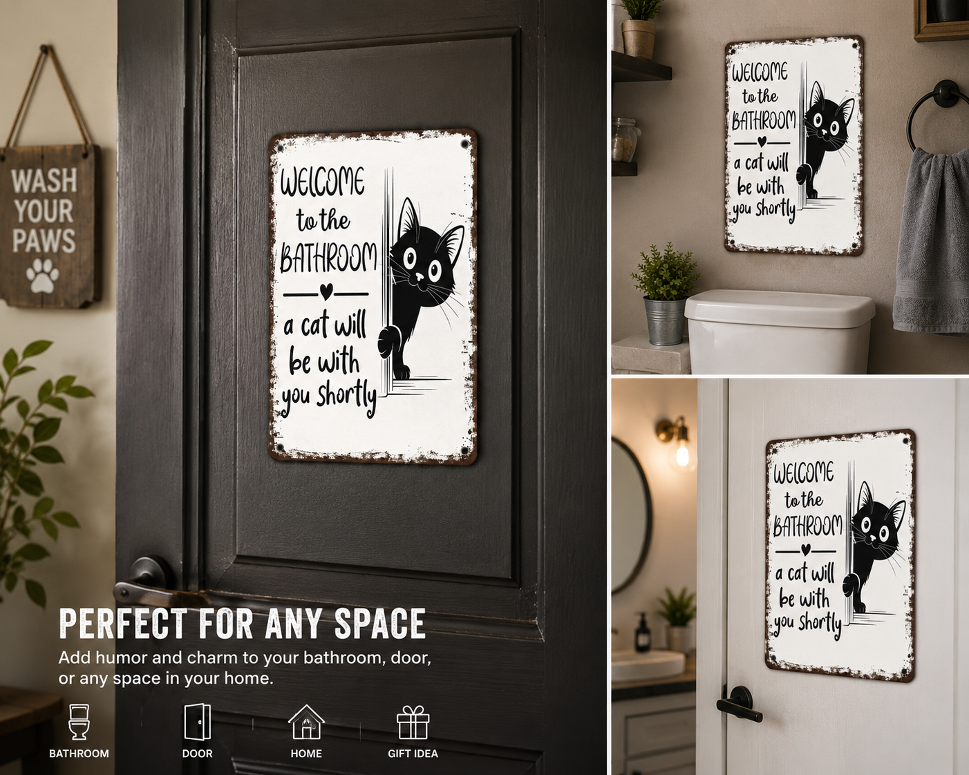 Funny Cat Bathroom Metal Sign 20×30 cm – Vintage Wall Decor for Bathroom, Door & Home