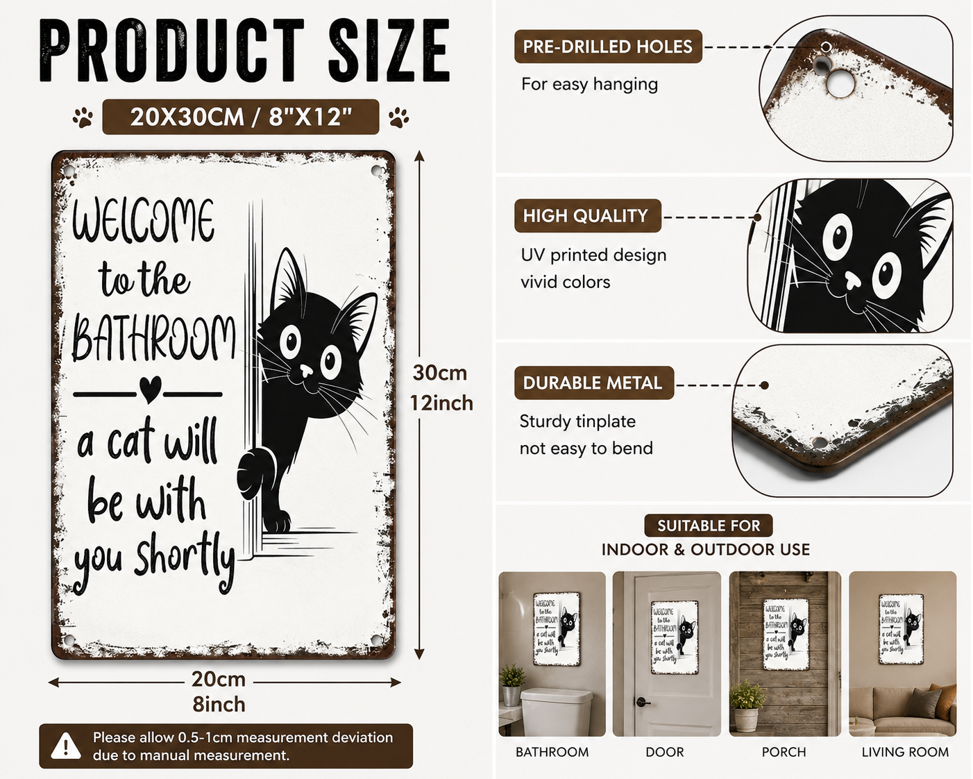 Funny Cat Bathroom Metal Sign 20×30 cm – Vintage Wall Decor for Bathroom, Door & Home