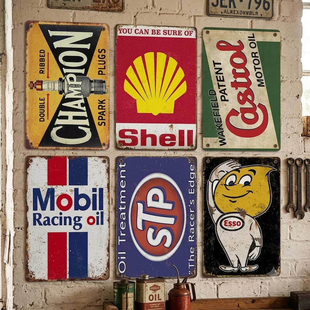 6-Piece Vintage Gas Station Metal Sign Set – Retro Garage Wall Decor